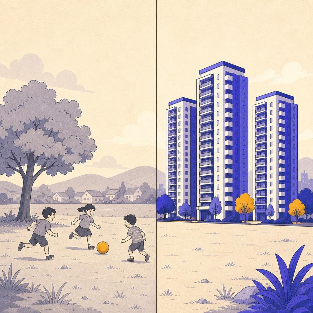 Illustration split in two, showing children playing on open ground on one side and apartment towers standing on the same ground on the other.