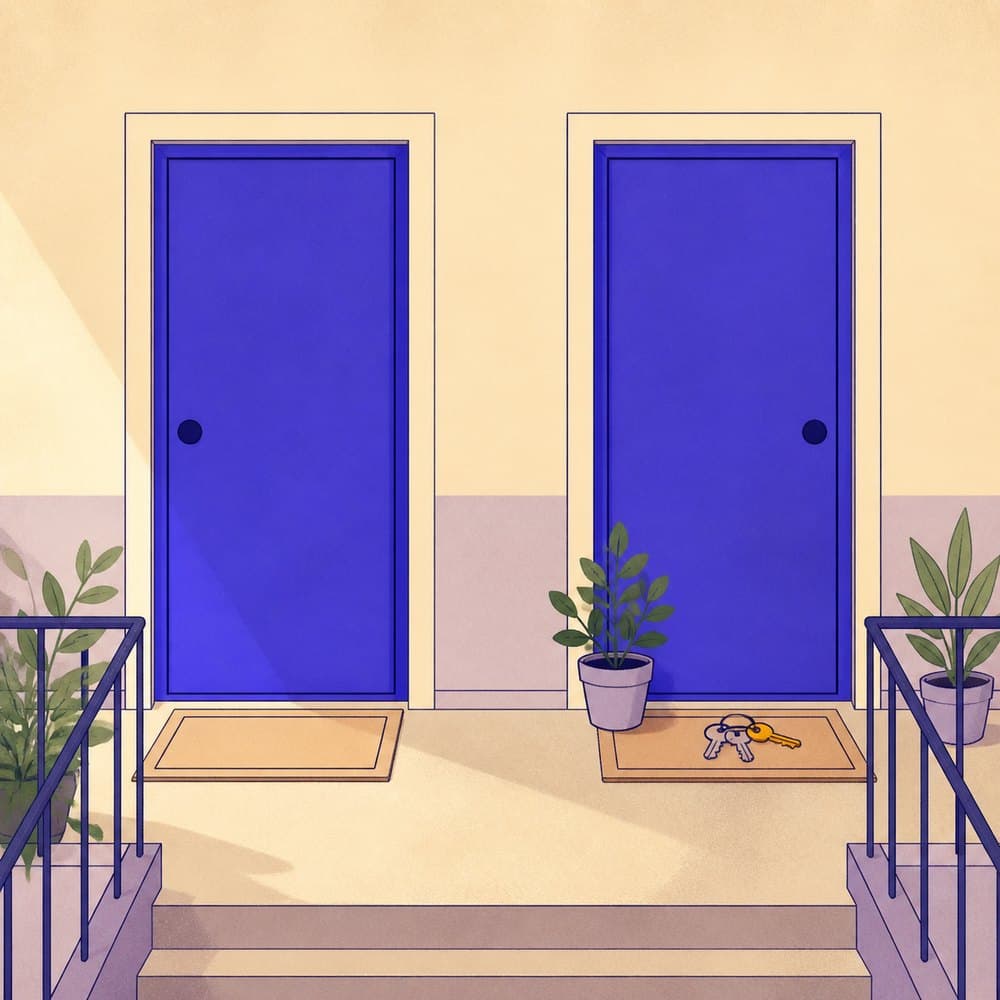 Illustration of a landing between two flat doors with a plant pot and a bunch of keys left outside one of them.
