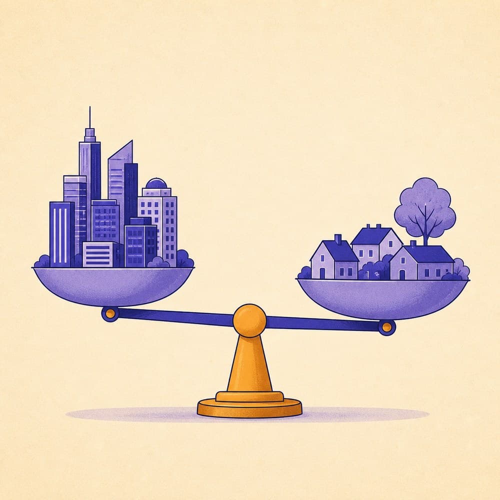 Illustration of a balance scale weighing tall city buildings against small town rooftops, tipping only slightly to one side.