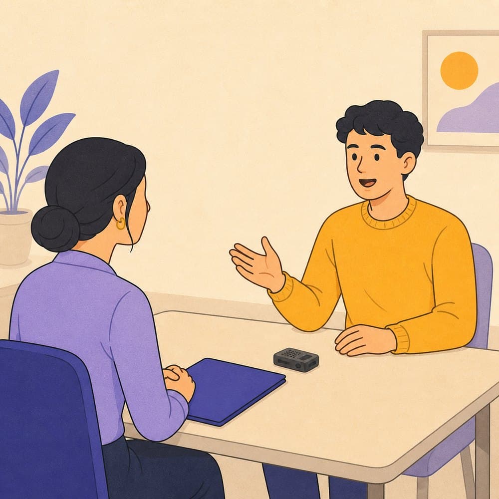 Illustration of a candidate and an examiner seated across a small table with a recording device between them at the start of a speaking test.