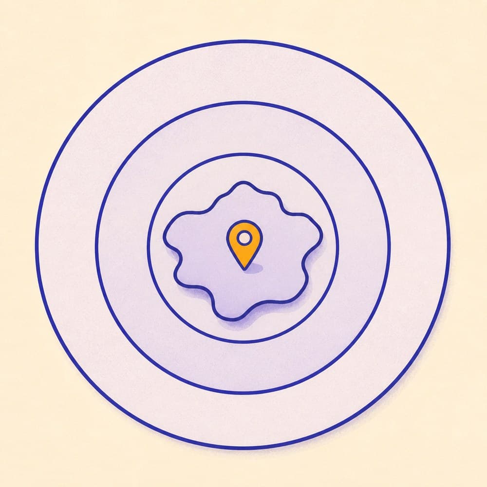 Illustration of a map with a single pin surrounded by three widening rings, showing a place located at the level of locality, city and region.