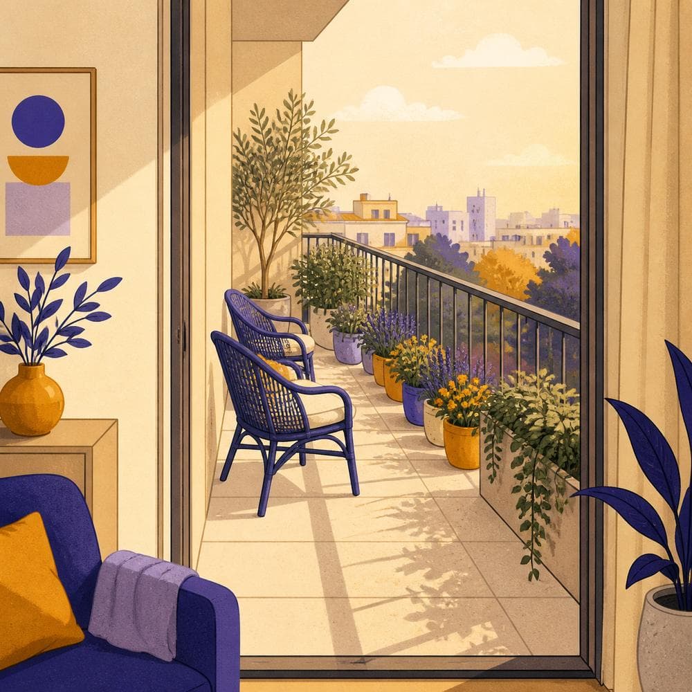 Illustration of a long balcony lined with potted plants and two empty chairs, seen from inside a flat in warm afternoon light.
