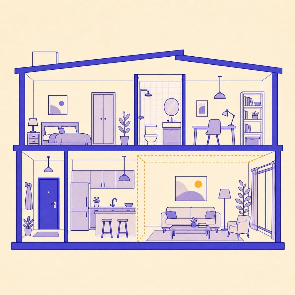 Illustration of a flat drawn in cross section with one interior wall marked as a dotted outline, suggesting a wall the resident would remove.