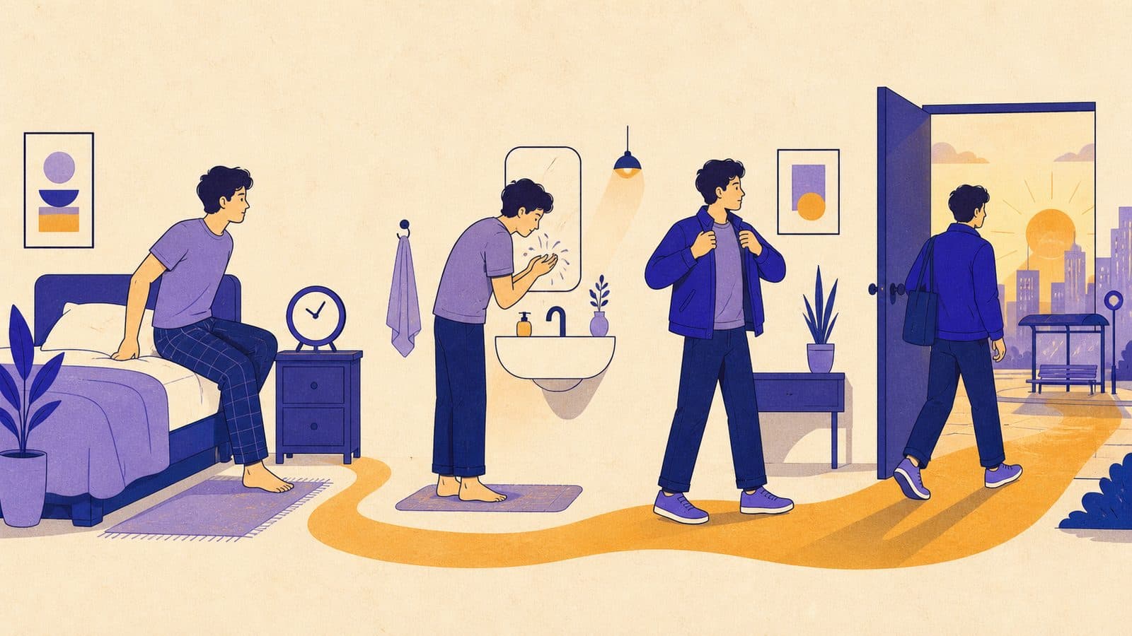 Illustration opening the chapter Getting Through the Day: Your day is already full of the moments these twenty verbs describe, so learning them changes how you sound before you have even left the house.