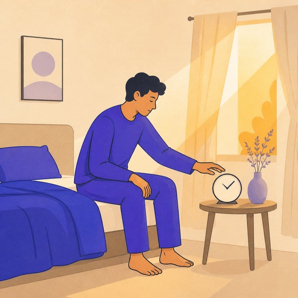 A person sitting on the edge of a bed in morning light, reaching for an alarm clock on the side table.