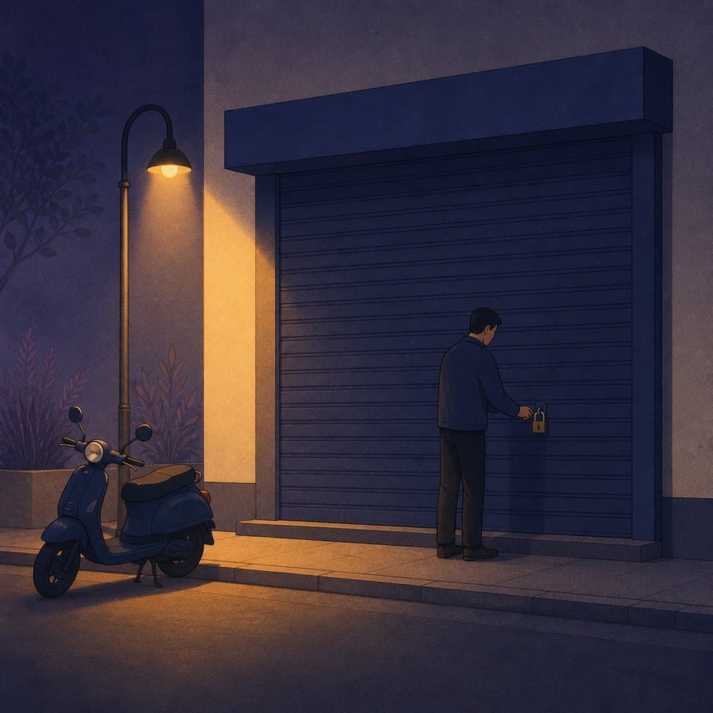 A person locking a shop shutter with a padlock at night under a street lamp, with a scooter parked nearby.