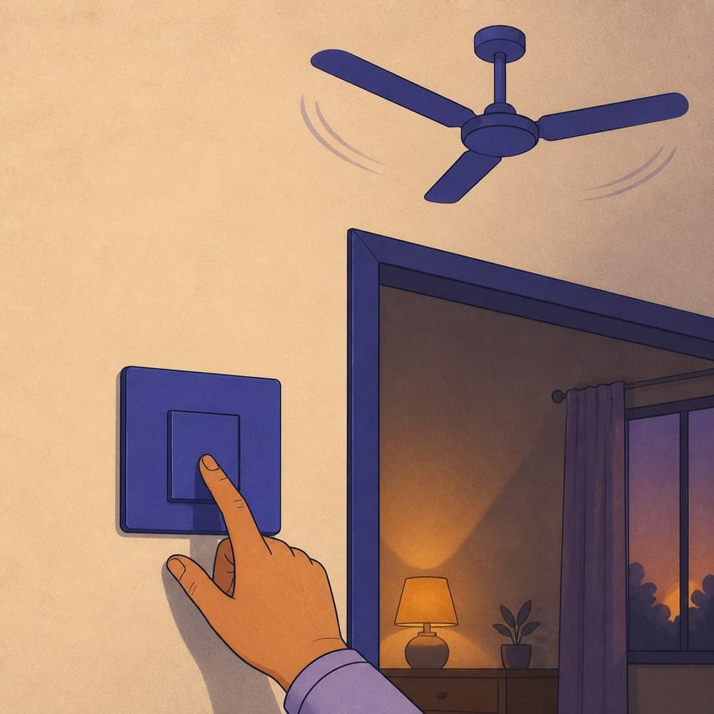 A hand reaching for a wall switch panel beside a doorway while a ceiling fan slows above.