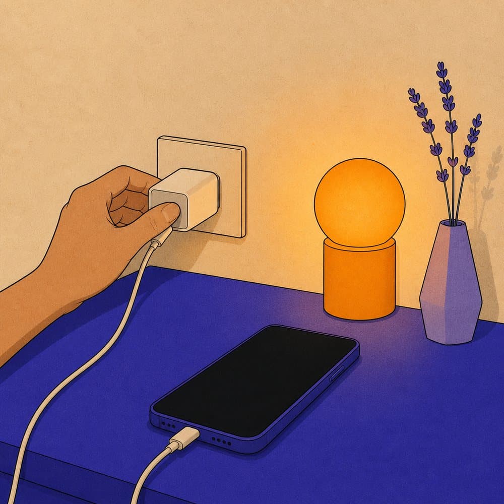 A hand pushing a charger plug into a wall socket beside a phone resting on a desk at night.