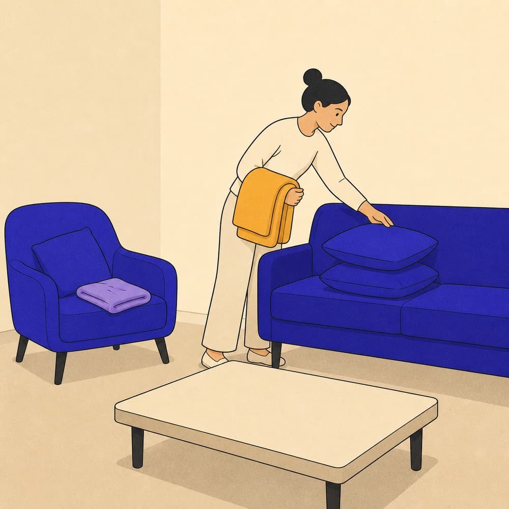 A person tidying a living room, stacking cushions on a sofa and carrying a folded blanket.