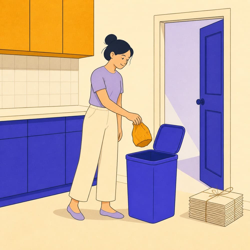A person dropping a crumpled paper bag into a kitchen bin, with a tied bundle of old newspapers by the door.