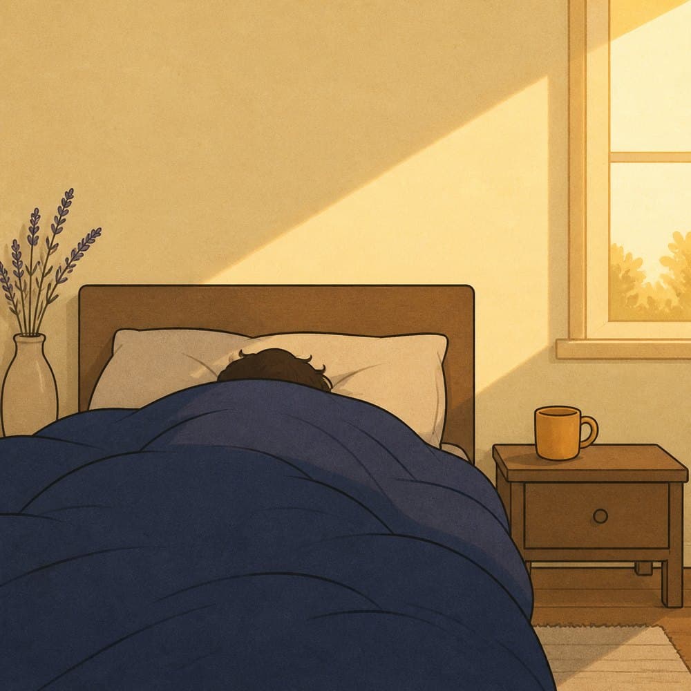 A person still asleep under a thick blanket while bright daylight fills the bedroom wall.