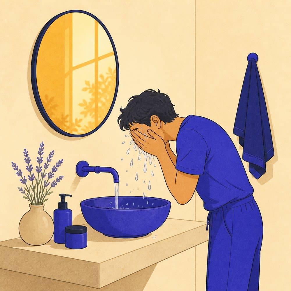 A person washing their face at a bathroom basin with a folded towel hanging beside a round mirror.