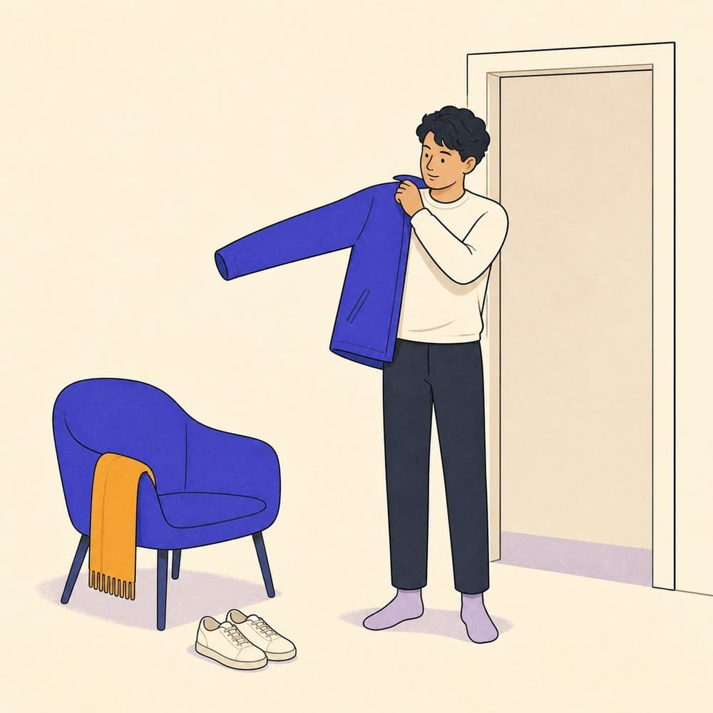 A person pulling on a jacket near a doorway with a scarf on a chair and shoes on the floor.