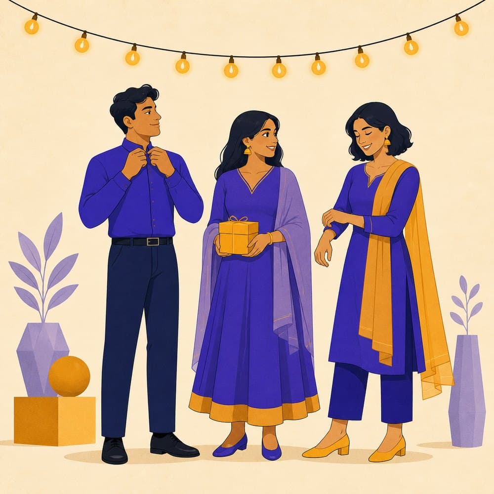 Three friends in festive clothes getting ready to go out, with string lights hanging above them.