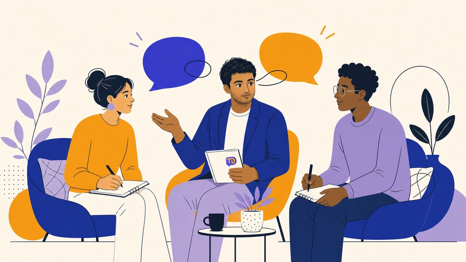 Vivek coaching two adult beginners through a friendly speaking exercise, with a small TalkDrill logo on his notebook.