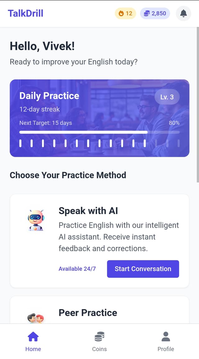 TalkDrill Home Screen