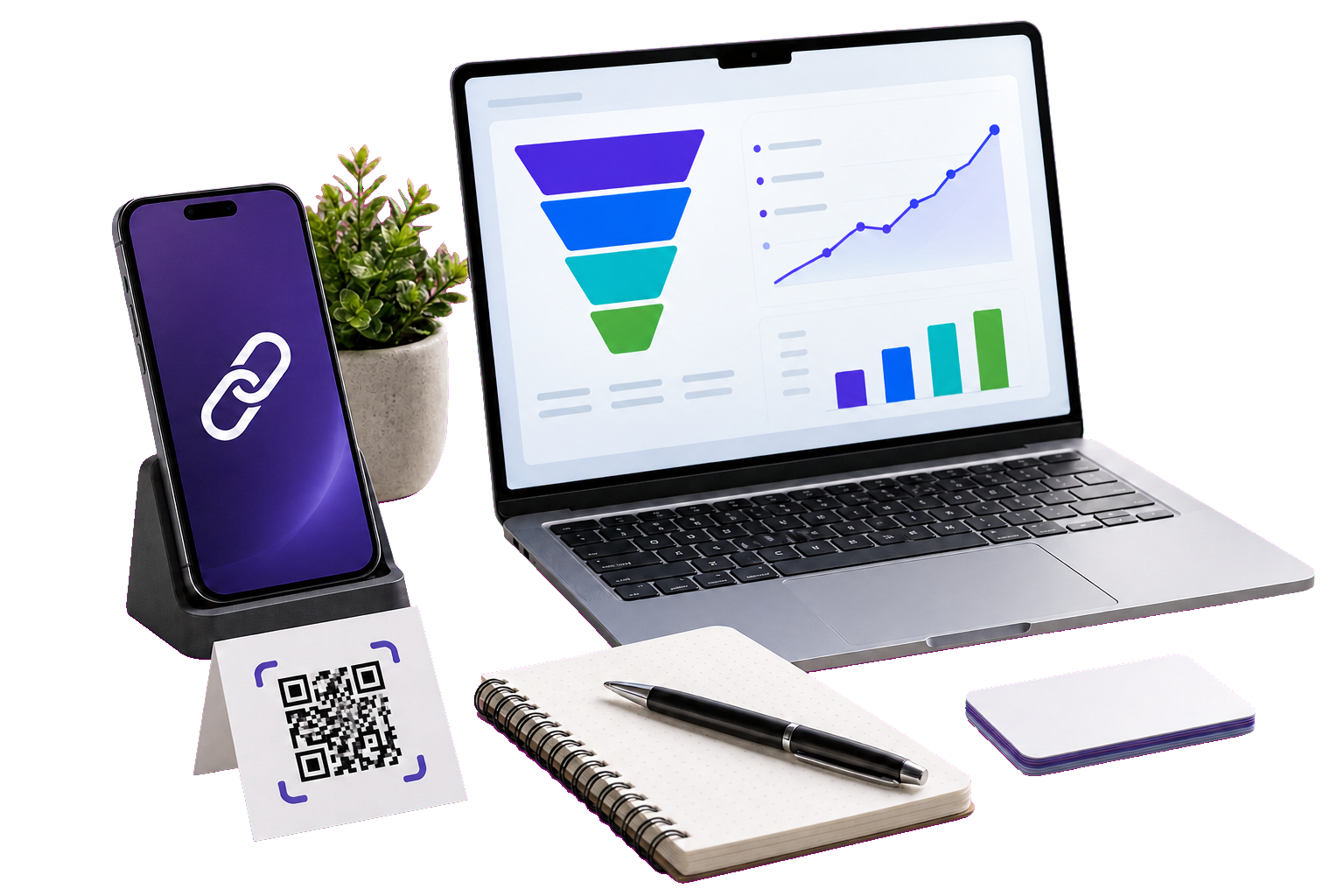 A referral toolkit with a phone, QR card, notebook and analytics laptop