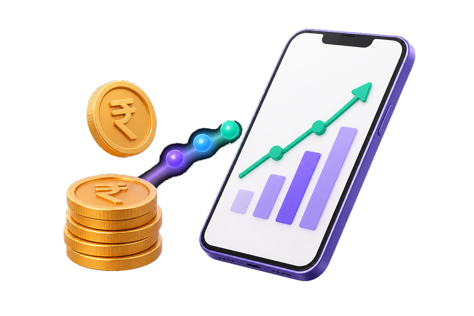 A phone with a rising analytics chart beside stacked rupee coins