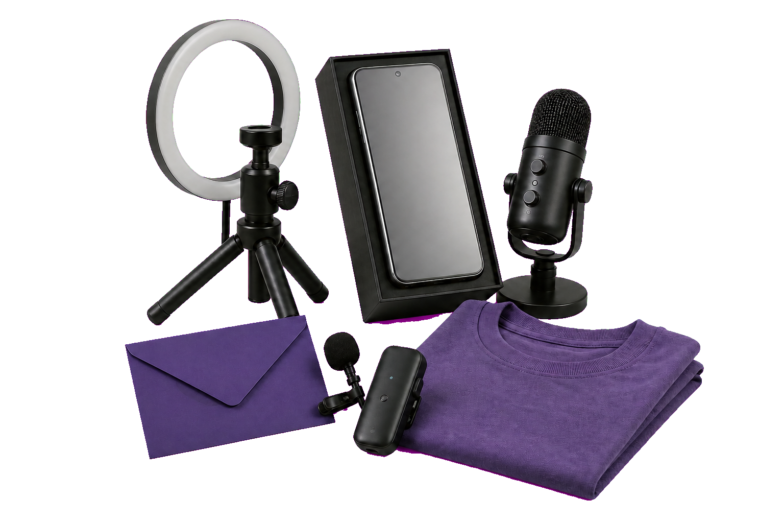 A creator prize kit with a smartphone, microphones, ring light, T-shirt and gift box