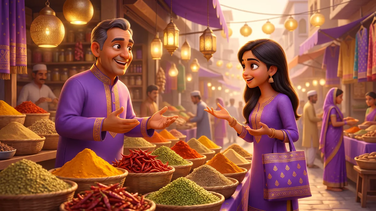 Customer and vendor having a conversation at an Indian market