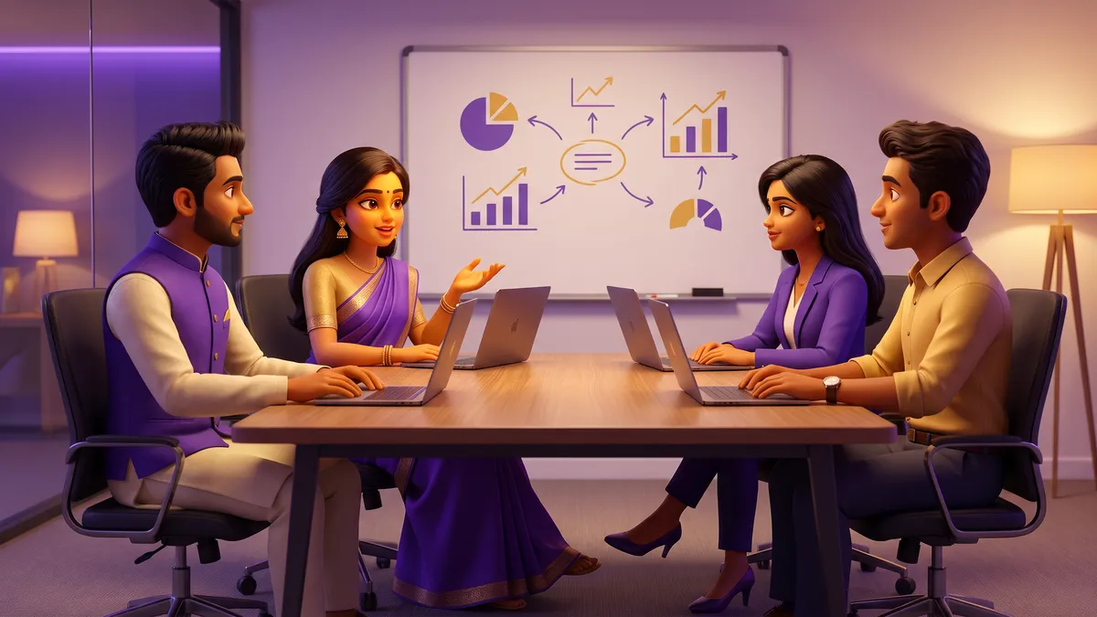 Indian professionals collaborating in a multilingual workplace discussion