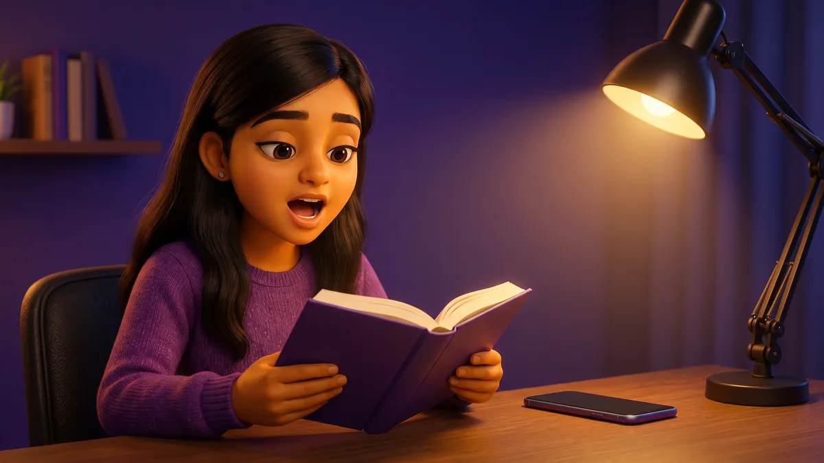 Indian learner practising English pronunciation by reading aloud at home